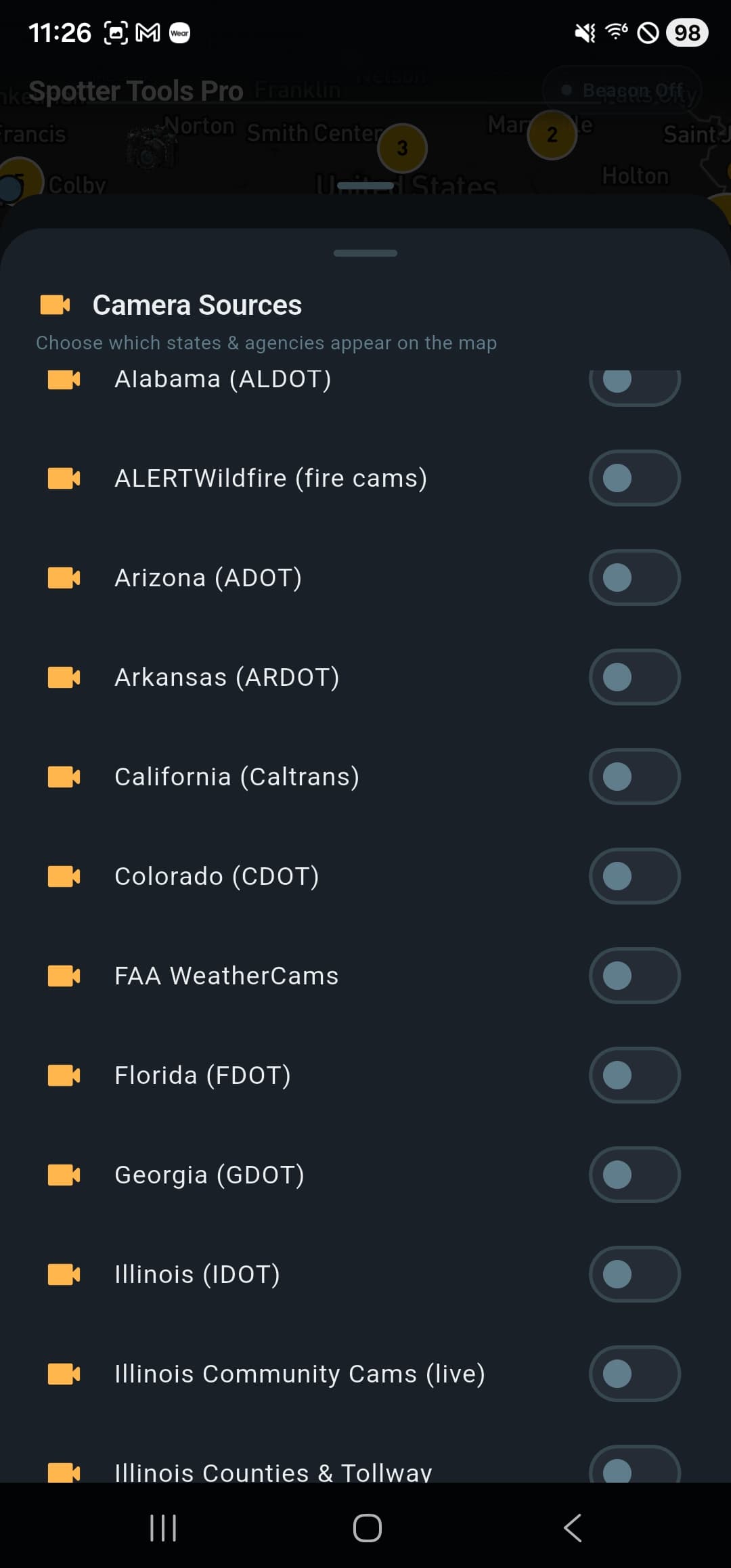 Camera source picker listing state DOT and agency feeds