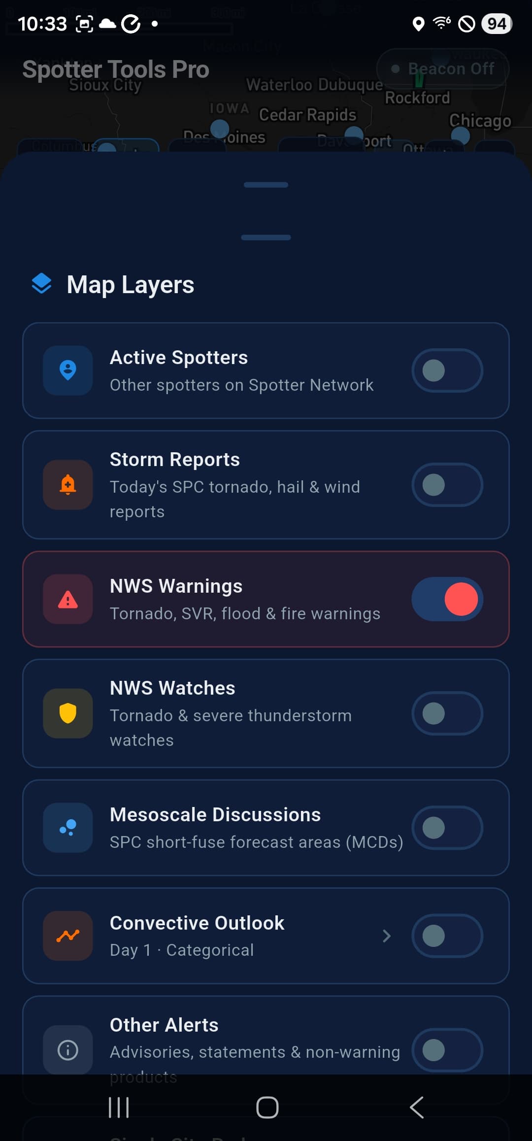 Map layers selector sheet