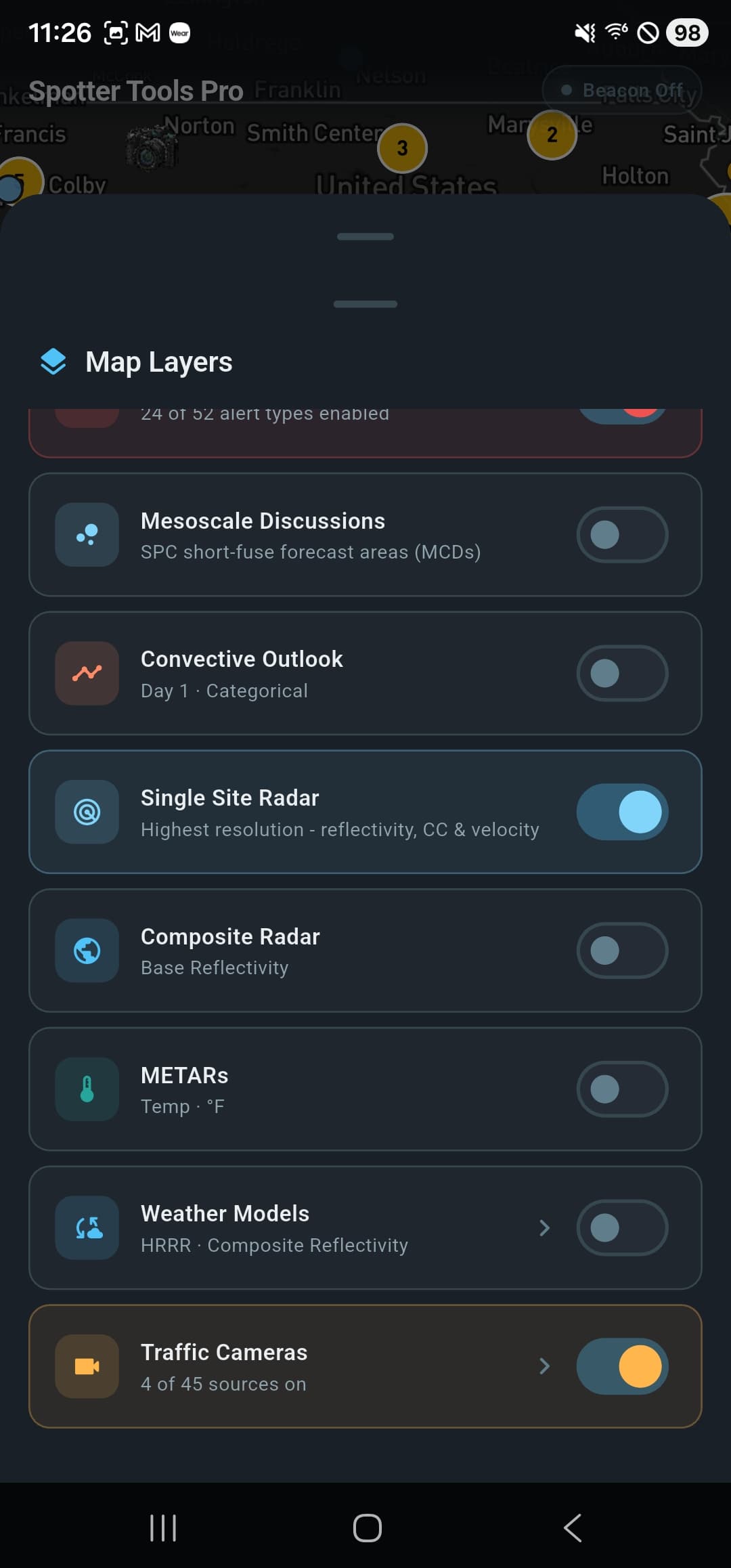 Map layers sheet with weather models and traffic cameras