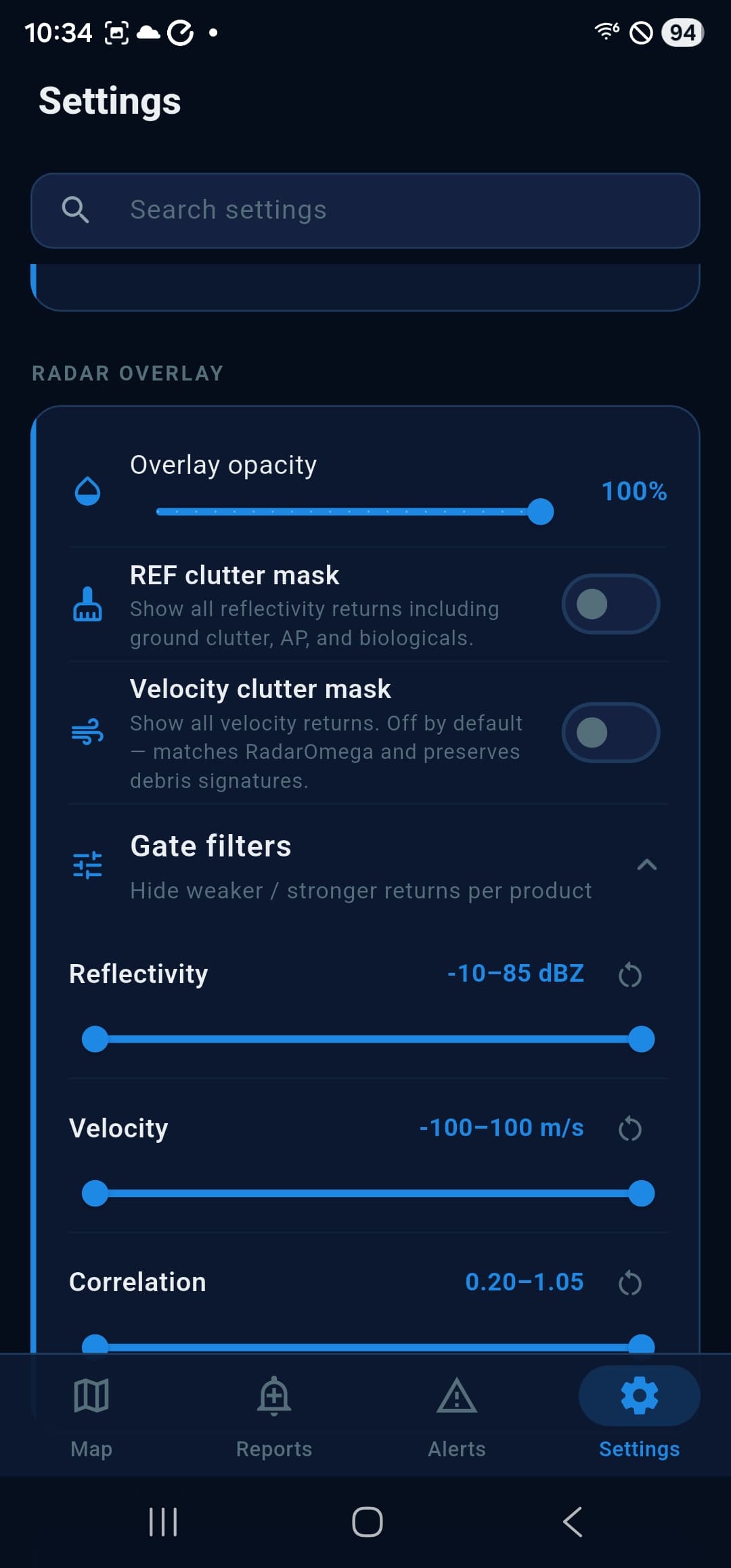 Radar overlay settings — opacity, clutter masks, gate filters