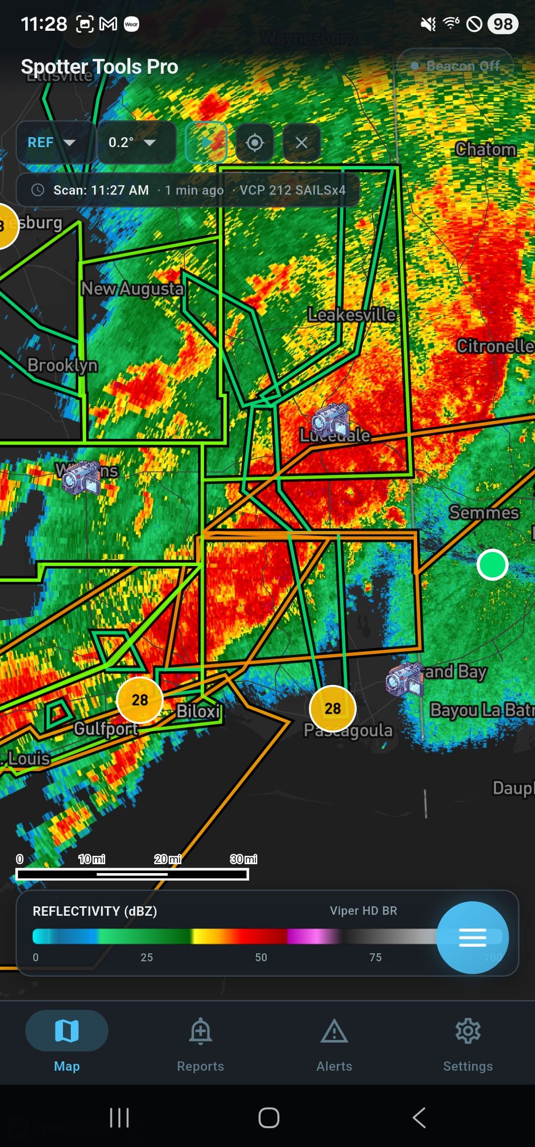 Single-site NEXRAD Level 2 reflectivity with warning polygons