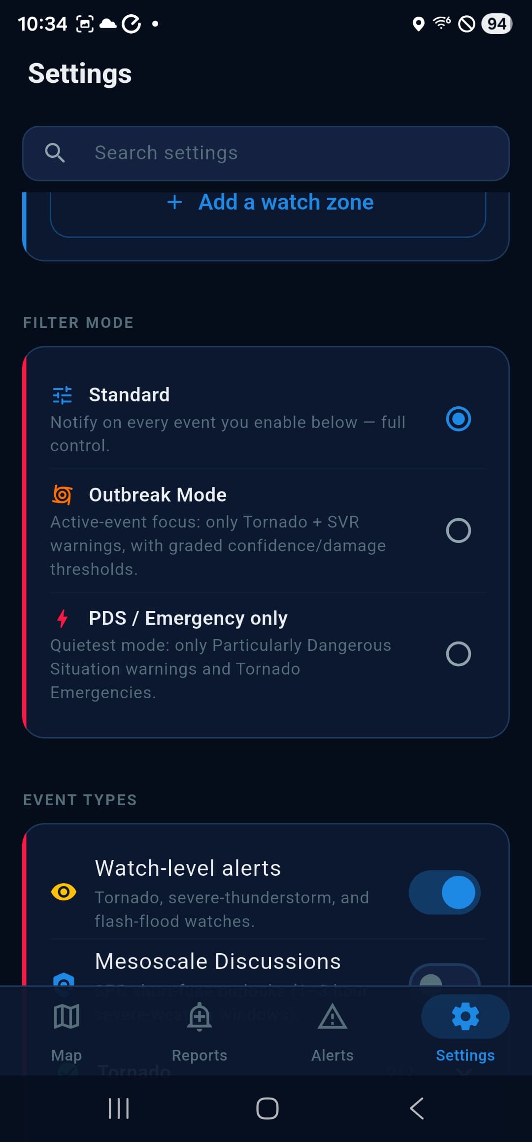 Settings screen with search
