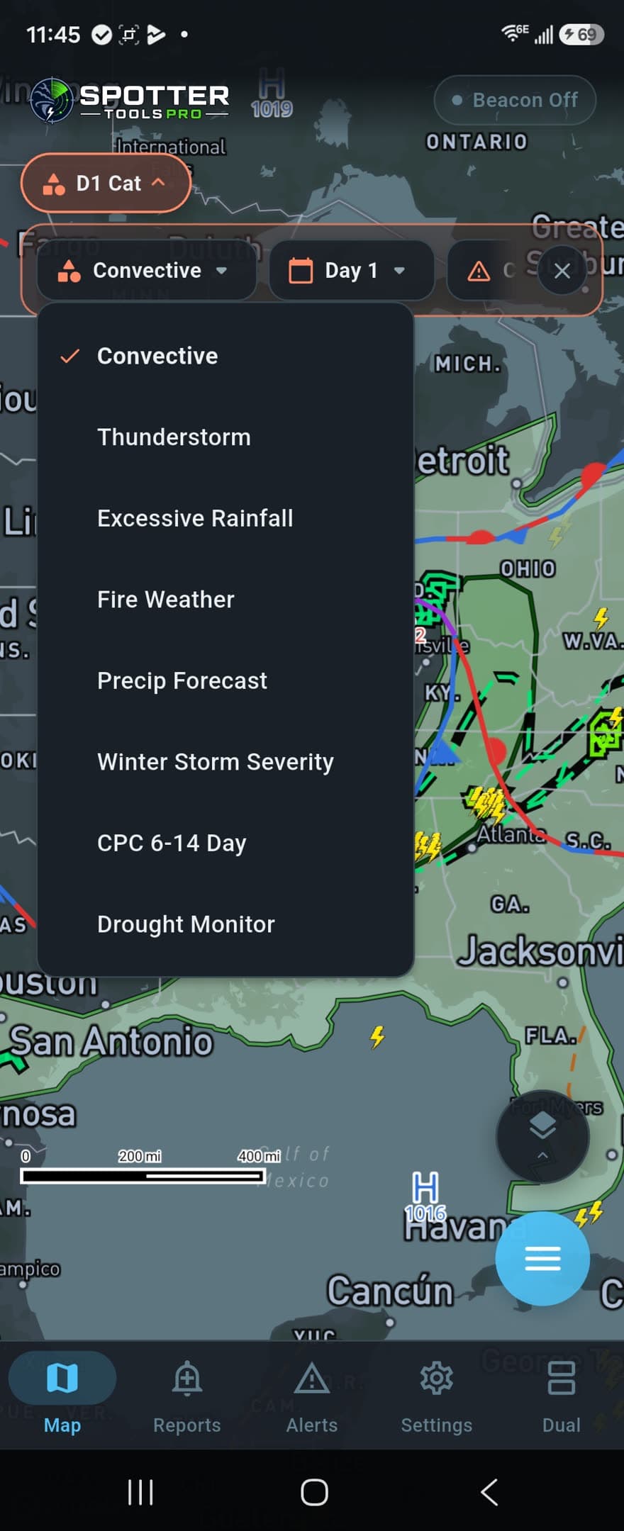 Outlook product picker showing the full convective and hazard list