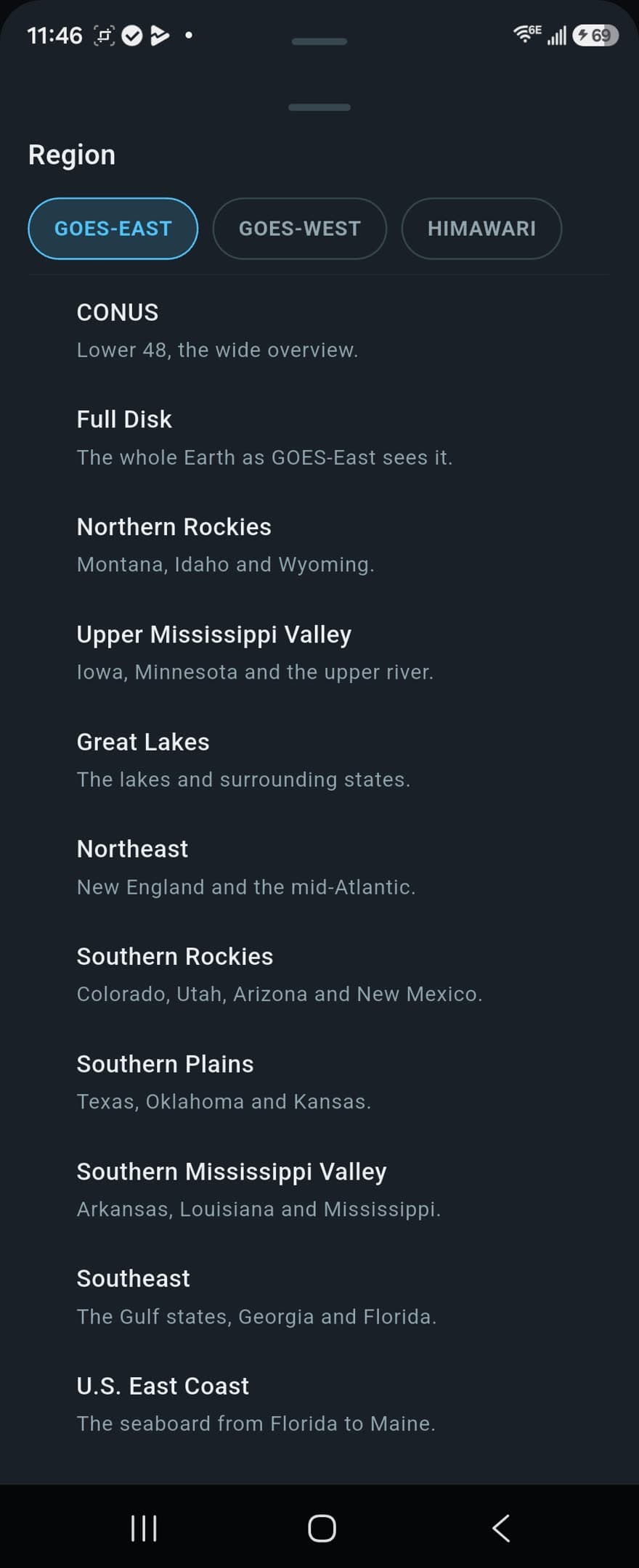 Two-level satellite region picker grouped by spacecraft