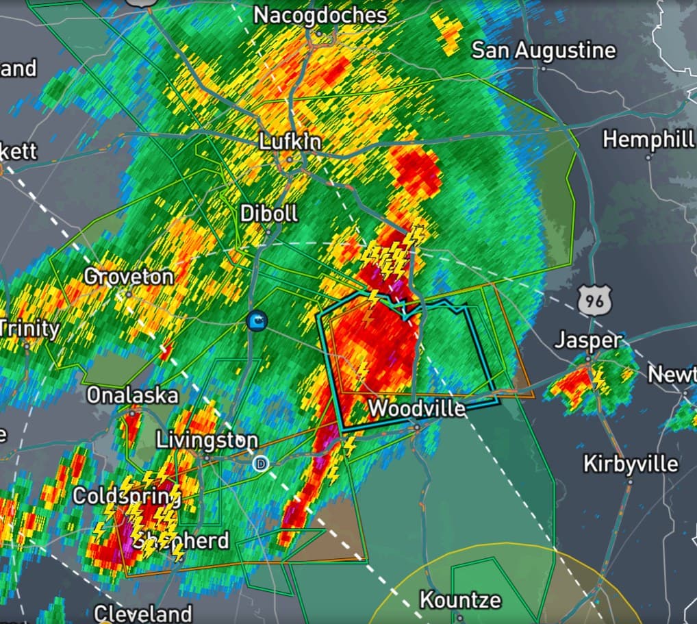GPU radar with shaded warning polygons, lightning and storm reports on the live map
