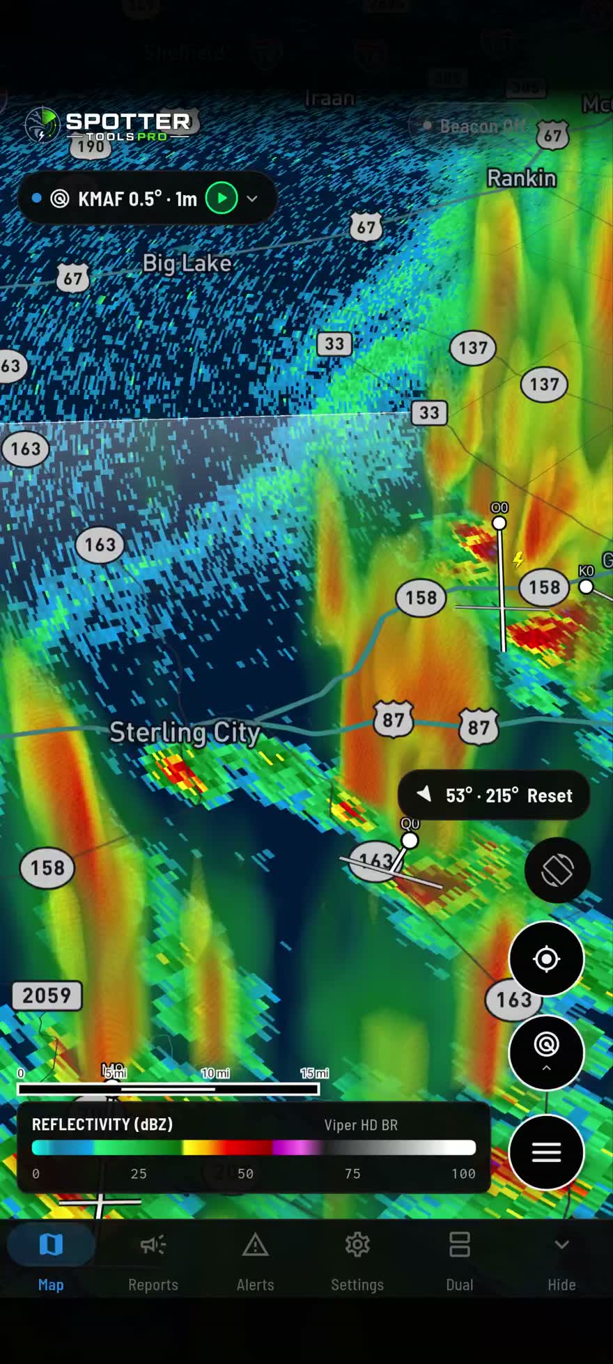 Storm cells rendered as a 3D volume above the map